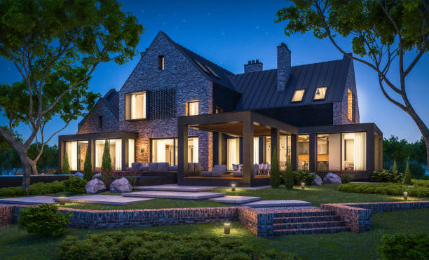 istock 3d rendering of modern clinker house on the ponds with pool in night 1140134574