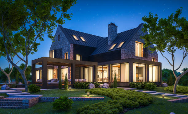 istock 3d rendering of modern clinker house on the ponds with pool in night 1140134578