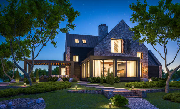 istock 3d rendering of modern clinker house on the ponds with pool in night 1140134599