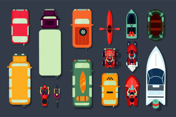 Transport icon set. Top view of cars, bikes and boats. Flat cartoon style. Vector signs collection. Transport icon set. Top view of cars, bikes and boats. Vector signs collection. Flat cartoon style. sailing dinghy stock illustrations