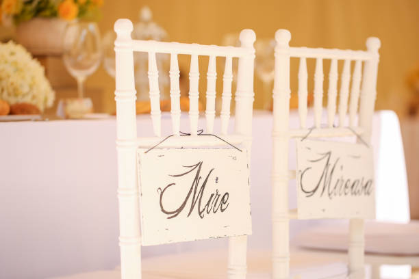 istock White chairs with groom and bride text 1140135266