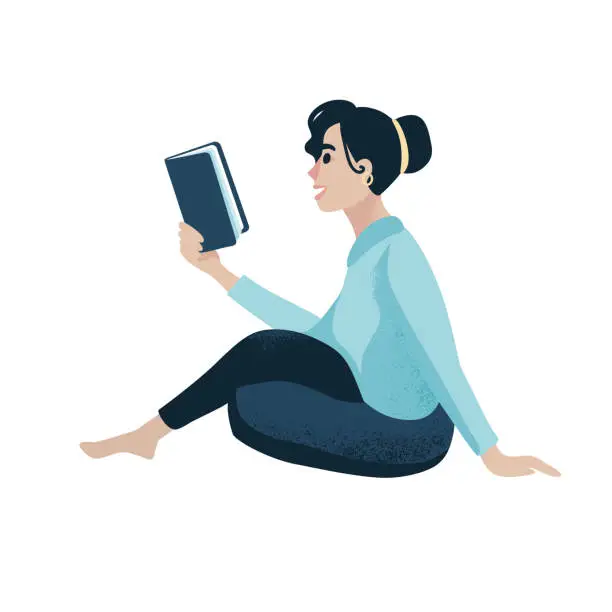 Vector illustration of Young woman reading book hand drawn flat vector illustration