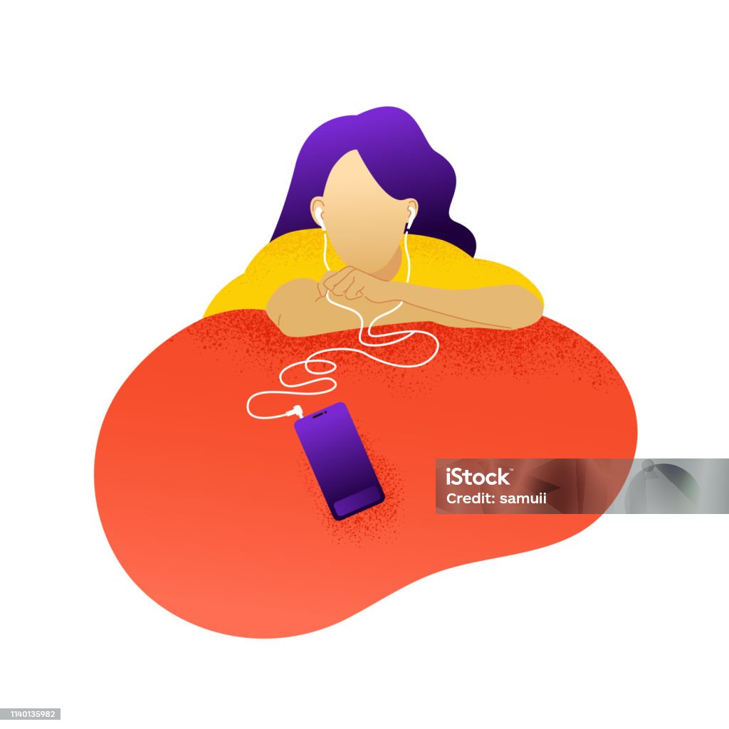 Young woman listen to music flat vector character Young woman listen to music flat vector character. Cartoon girl with earphones and smartphone. Sad teeanager clipart. Spending free time, rest. Leisure activity. Isolated color illustration. Music app Podcasting stock vector