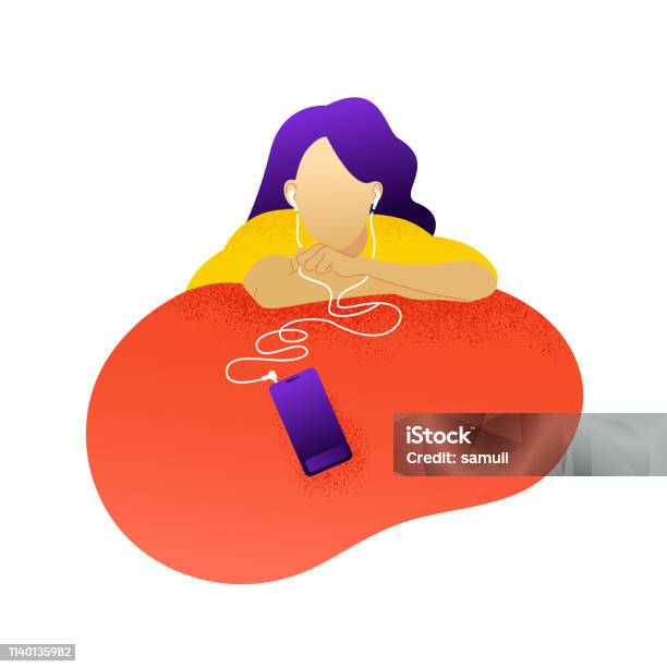 Young Woman Listen To Music Flat Vector Character Stock Illustration - Download Image Now - Podcasting, Listening, Music