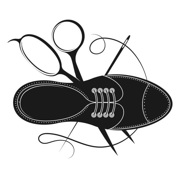 Shoe repair master design Shoe with scissors shoe repair design shoemaker stock illustrations