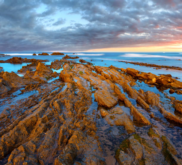 istock Twilight ocean coast with ribbed stratiform rock 1140138030