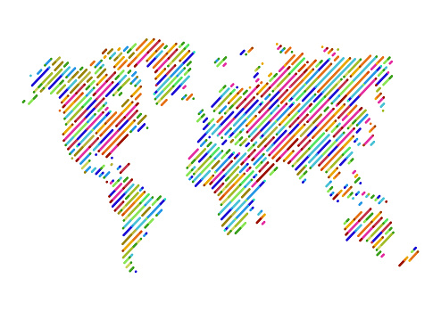 Abstract Hatched World Map with blue Lines.World Stripes Map
