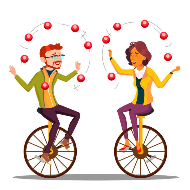 ilustraciones, imágenes clip art, dibujos animados e iconos de stock de malabarismo vector de la gente. hombre de negocios, mujer malabares en unicycle. ilustración - juggling