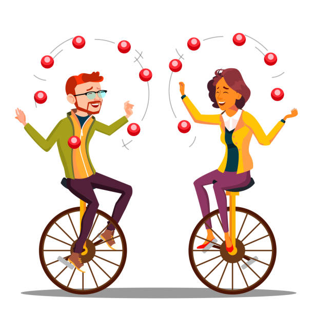 ilustrações de stock, clip art, desenhos animados e ícones de juggling people vector. business man, woman juggling on unicycle. illustration - unicycling unicycle cartoon balance