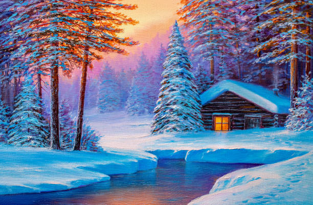 illustrations, cliparts, dessins animés et icônes de vieille cabane dans la forêt hivernale. peinture à l’huile. - backgrounds canvas cold color image