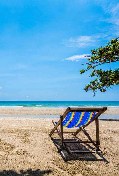 istock Tropical tree and beach chair at white sand beach and blue sea 1140141149