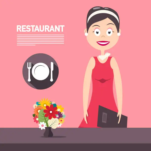 Vector illustration of Restaurant Manager woth Flowers on Pink Background Vector Design. Beautiful Woman in Red Dress