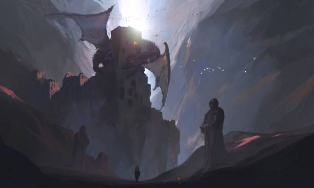 istock The knights in the canyon challenge the dragon, digital painting. 1140141419