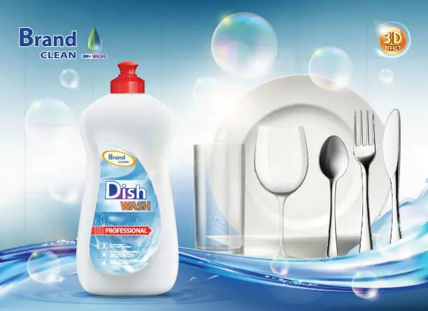 Vector illustration of Packaging dishwashing liquid soap. Clean plate and cutlery.