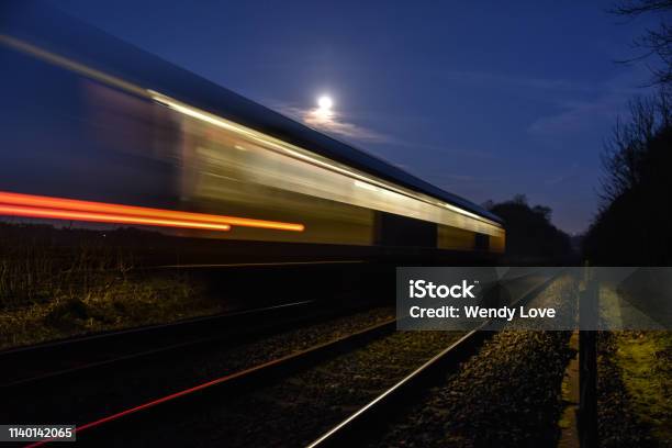 Moonlight Train Stock Photo - Download Image Now - Night, Train - Vehicle, Railroad Track