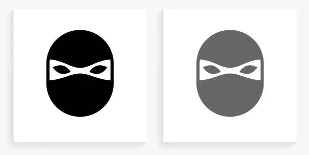 Vector illustration of Ninja Mask Black and White Square Icon