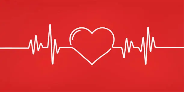 Vector illustration of Heart pulse. Red and white colors. Heartbeat lone, cardiogram. Beautiful healthcare, medical background. Modern simple design. Icon. sign or logo. Flat style vector illustration.