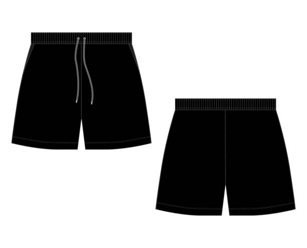 технический эскиз черный спорт шорты брюки дизайн шаблона. - shorts stock illustrations