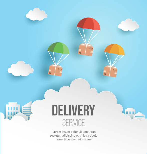 Fast delivery and logistic service concept illustration. Fast delivery and logistic service concept illustration, package boxes are flying on parachutes, paper art style, vector template. mail illustrations stock illustrations