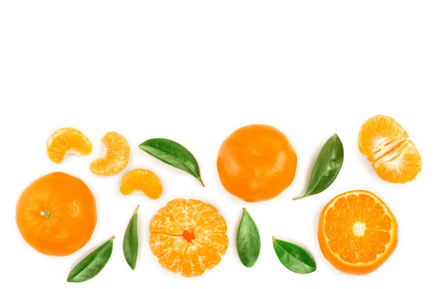 istock tangerine or mandarin with leaves isolated on white background with copy space for your text. Top view. Flat lay 1140144459
