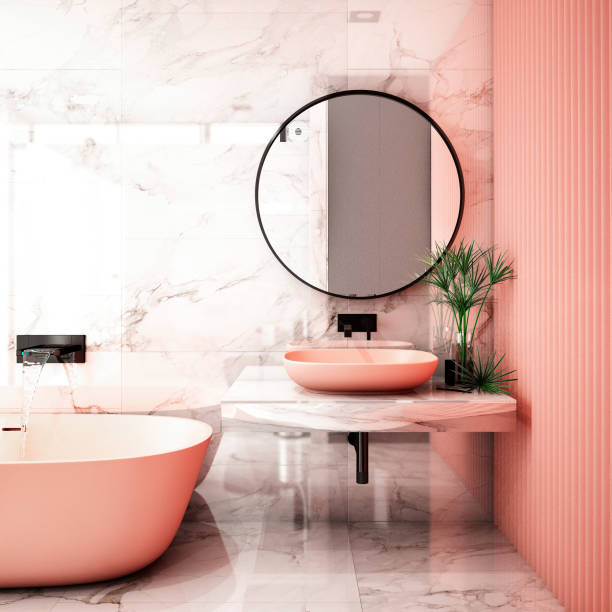 nowoczesna łazienka projektowanie wnętrz, renderowanie 3d, ilustracja 3d - bathroom black faucet zdjęcia i obrazy z banku zdjęć