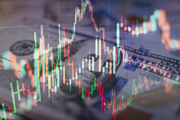 istock Technical price graph and indicator, red and green candlestick chart on blue theme screen, market volatility, up and down trend. Stock trading, crypto currency background. 1140145740