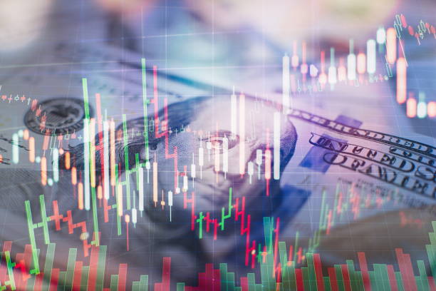 istock Technical price graph and indicator, red and green candlestick chart on blue theme screen, market volatility, up and down trend. Stock trading, crypto currency background. 1140147252