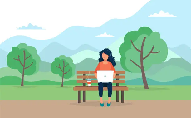 Vector illustration of Woman with laptop sitting on the bench in the park. Concept illustration for freelance, working, studying, education, work from home, healthy lifestyle. Vector illustration in flat style