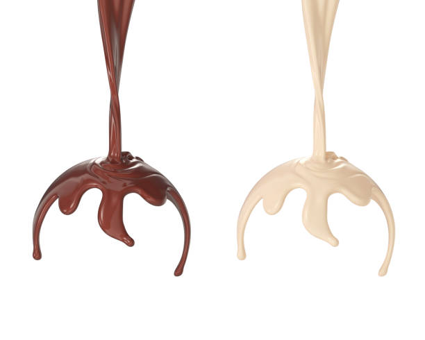 ホワイトの背景に分離されたチョコレートまたはココアとミルクスプラッシュ。 - chocolate topping ストックフォトと画像