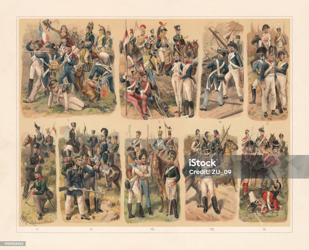 History of the military uniforms in Europe, chromolithograph, published 1898 History of the military uniforms in Europe, top: I) French troops during the Revolutionary Wars: 1-2) Grenadiers of the Line infantry, 3) Hunters  of the Line infantry, 4) Carbineer of the light infantry, 5) People's representative in the army, 6) General, 7) Dragoon, 8) Hunter on horseback, 9) Hussar; II) French troops under Napoleon Bonaparte: 1) Éclaireurs of the Guard, 2) Carbineer, 3) Artillery train, 4) Cuirassier, 5) Hunter on horseback, 6) Hussar, 7) Polish Guard Lancers of the old Guard, 8) Riding artilleryman of the line, 9) Grenadier of the old Guard, 10) Fusilier of the Line infantry; III) English Navy (late 18th, early 19th century): 1) Sailor infantryman, 2) Sailor artilleryman, 3) Naval officer; IV) Prussian army of 1806: 1) Cuirassier, 2) Hussar, 3) Dragoon, 4) Grenadier, 5) Musketeer; V) Braunschweiger 1809: Hussar, 2) Ulan, 3) Infantryman, 4) Sniper; VI) Prussia 1813: 1) Officer of the riding hunters of the Lützow Free Corps, 2) Volunteer foot hunter, 3) Territorial force infantryman, 4) Line infantryman, 5) Ulan, 6) Cuirassier, 7) Dragoon, 8) Hussar; VII) Austrian-Hungarian troops 1813: 1) German infantryman, 2) Hungarian grenadier, 3) Artillery officer, 4) Cuirassier, 5) Hussar, 6) Ulan, 7) Chevauleger; VIII) Russia 1813: 1) Hunter, 2) Infantryman, 3) Cuirassier, 4) Dragoon, 5) Regular Cossack; IX) English army: 1) Life Guards, 2) Light dragoon, 3) Riding artilleryman, 4) Highland infantryman, 5) Line  infantryman, 6) Guard grenadier, 7) Dragoon. Chromolithograph after drawings by Richard Knötel (German military painter, 1857 - 1914), published in 1898. Army Soldier stock illustration