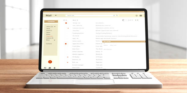 Email list on a computer laptop screen, wooden office desk, empty room background. 3d illustration Email list on a computer laptop screen, wooden office desk, empty room background. 3d illustration email inbox stock pictures, royalty-free photos & images