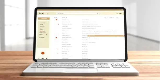 Photo of Email list on a computer laptop screen, wooden office desk, empty room background. 3d illustration