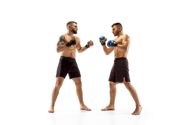 istock Two professional boxers boxing isolated on white studio background 1140153123