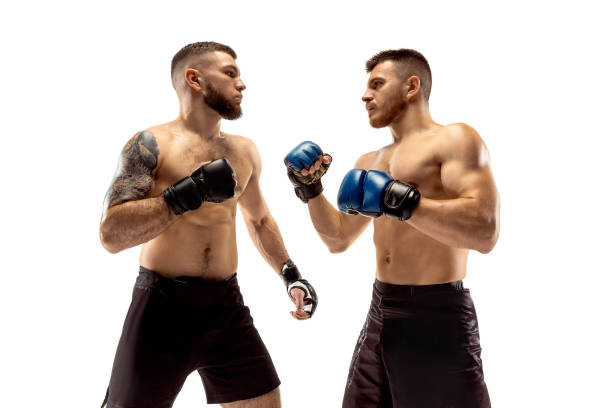 dos boxeadores profesionales de boxeo aislados en fondo de estudio blanco - mixed martial arts combative sport boxing kicking fotografías e imágenes de stock