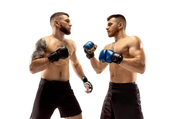 Seconds before war. Two professional fighters posing isolated on white studio background. Couple of fit muscular caucasian athletes or boxers fighting. Sport, competition and human emotions concept.