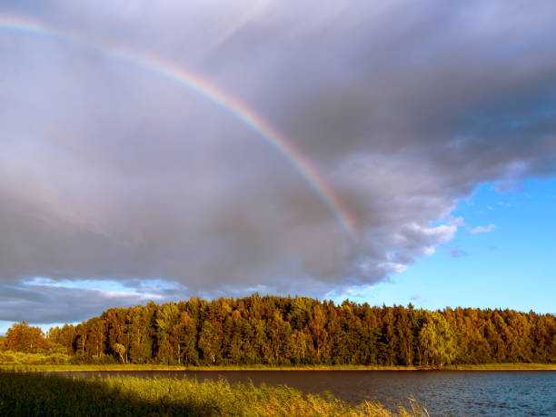 istock Rainbow over the lake and forest at sunset on a summer day 1140155972