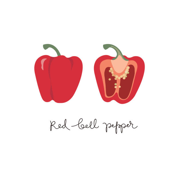 rote paprika, ganze und halb süße paprika auf weißem hintergrund - pepper vegetable bell pepper red bell pepper stock-grafiken, -clipart, -cartoons und -symbole