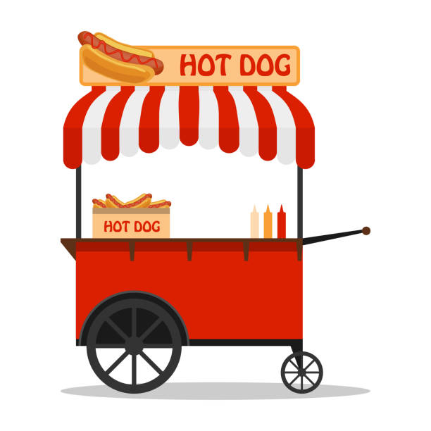 ilustrações de stock, clip art, desenhos animados e ícones de hot dog, street cart. fast food hot dog cart and street hot dog cart. hot dog cart street food market, stand vendor service. - mobile work