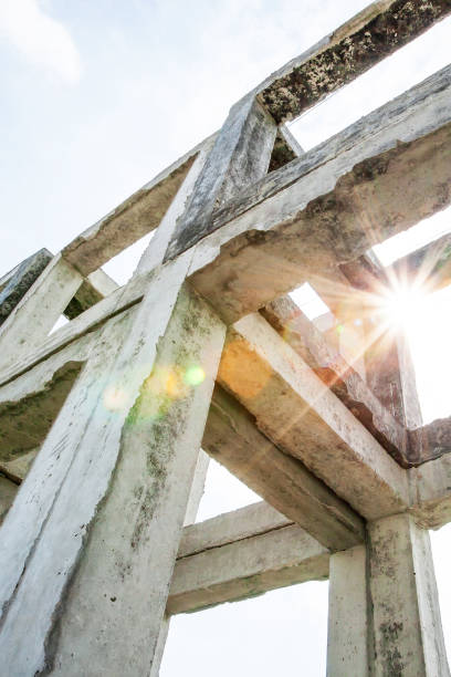 istock Bottom view, a lot of concrete square shape, sunbeam shining through precast box concrete. 1140159978