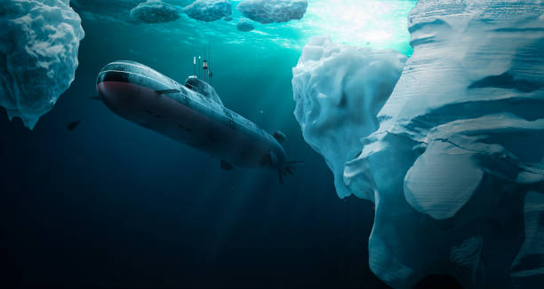 Submarine dives under the ice stock photo