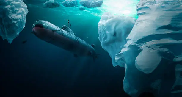 Submarine dives under the ice to explore the surroundings