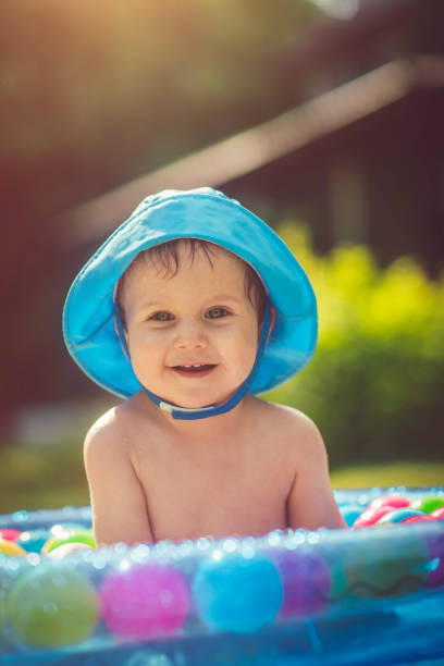 Cute child enjoying summer outdoors in swimming pool
