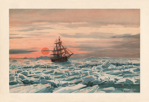 Midnight sun. Sailing ship in the floating ice. Chromolithograph after a drawing by Wilhelm Kuhnert (German painter, 1865 - 1926), published in 1898.