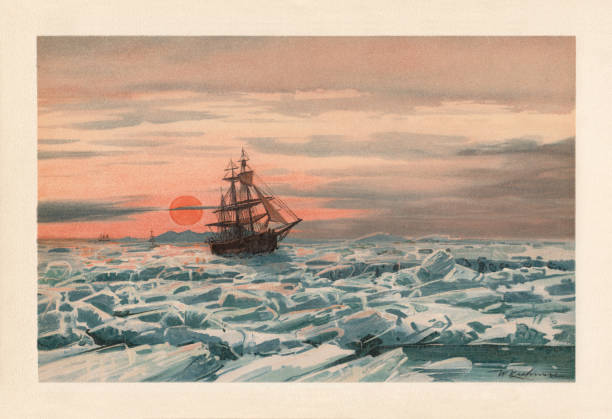 Midnight sun. Sailing ship in the floating ice, lithograph, 1898 Midnight sun. Sailing ship in the floating ice. Chromolithograph after a drawing by Wilhelm Kuhnert (German painter, 1865 - 1926), published in 1898. arctic stock illustrations