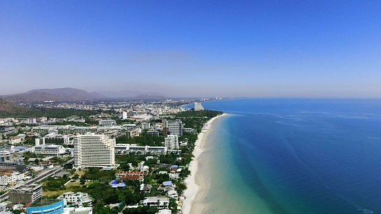 Top view of the beautiful seascape in Hua Hin in Prachuap Khiri Khan Province, Thailand, aerial view on the coastline, sea and the city of Hua Hin