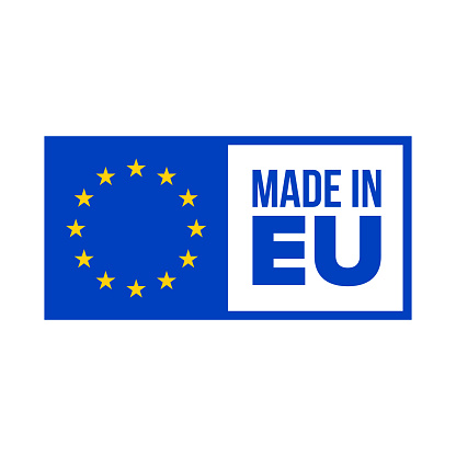Made in EU quality certificate label. Vector made in EU product warranty stars blue flag in frame