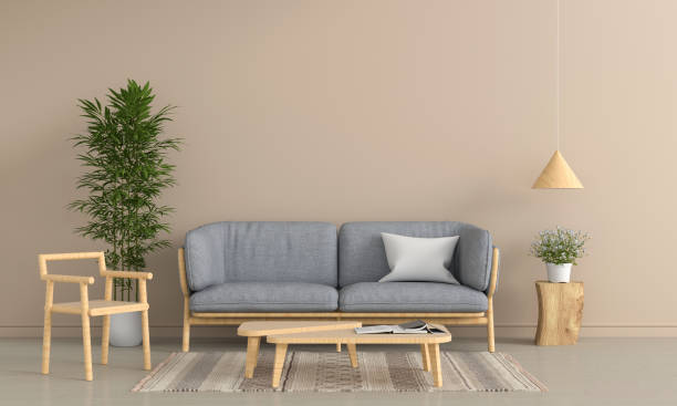 istock Gray sofa and chair in brown living room interior, 3D rendering 1140167899