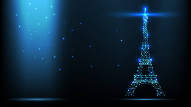 istock Abstract vector Illustration wireframe telecommunications signal transmitter, france radio antenna eiffel tower from lines and triangles, point connecting network on dark background 1140169182