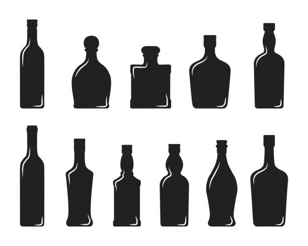 Alcohol bottles of wine, whiskey, vodka, tequila, brandy, scotch, cognac, gin and rum. Bar cold cocktail booze. Vector illustration. vector art illustration