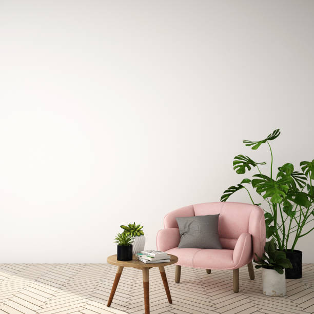 istock 3d rendering,3d illustration,interior design for living area or reception in modern style with armchair , table,plant on wood floor and white wall 1140169747
